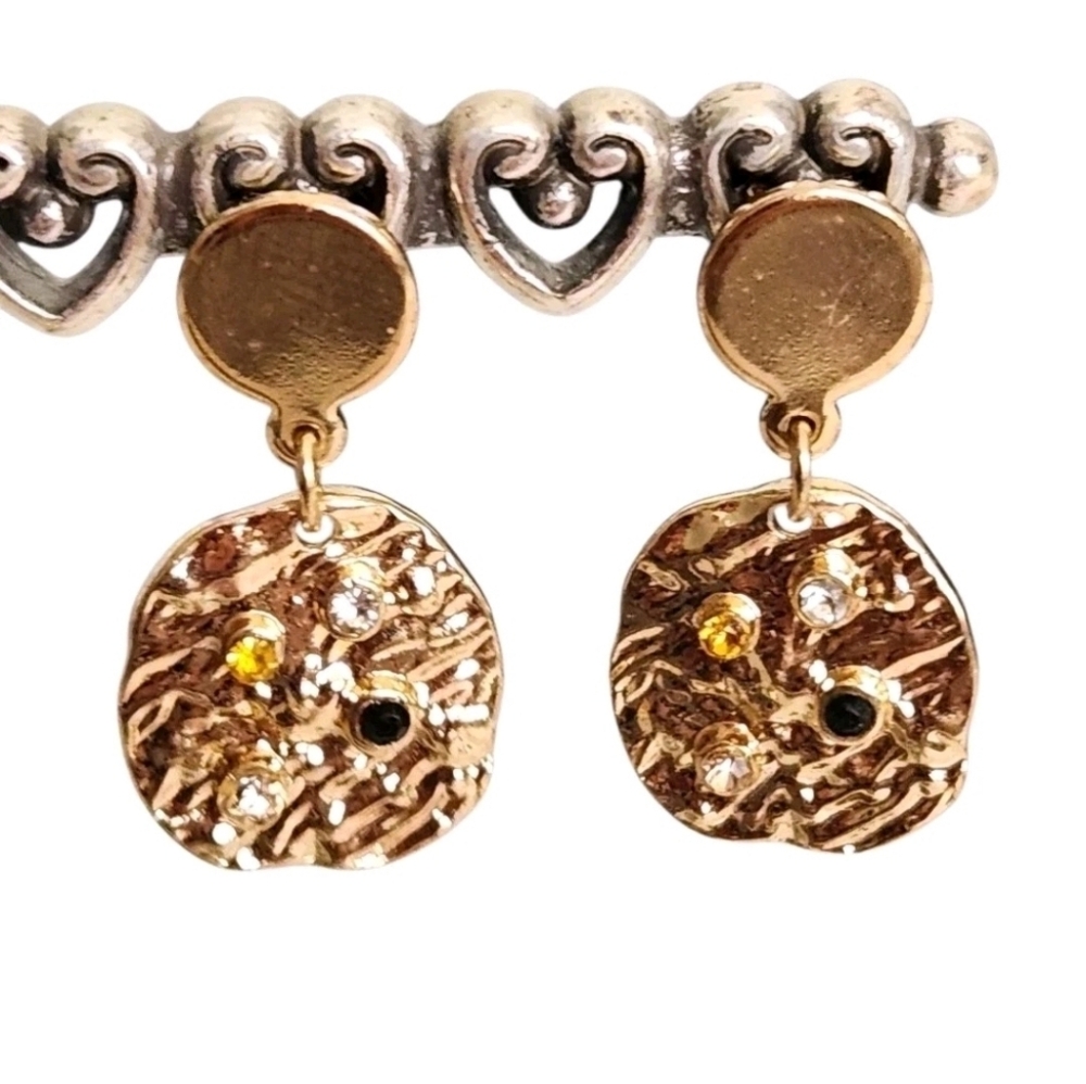 Bijou Brigitte Gold Tone Hammered Disc Drop Earrings Rhinestone